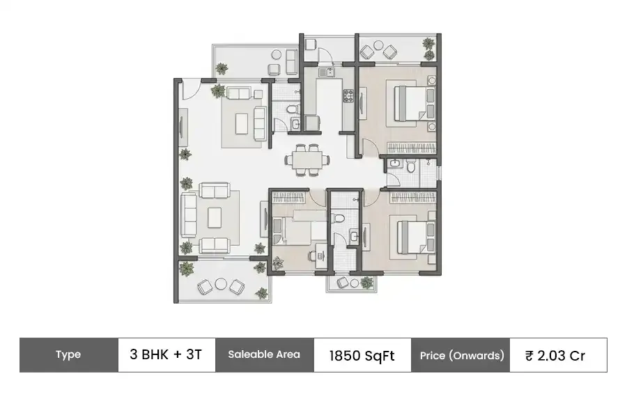 Hero Leafsong Retreat 3 BHK + 3T floor plan, 1850 sq ft saleable area